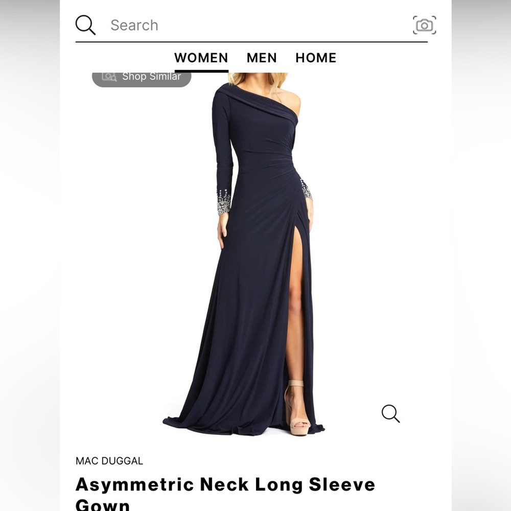 MAC DUGGAL, navy, long sleeve gown with thigh slit and sequins. Size 6